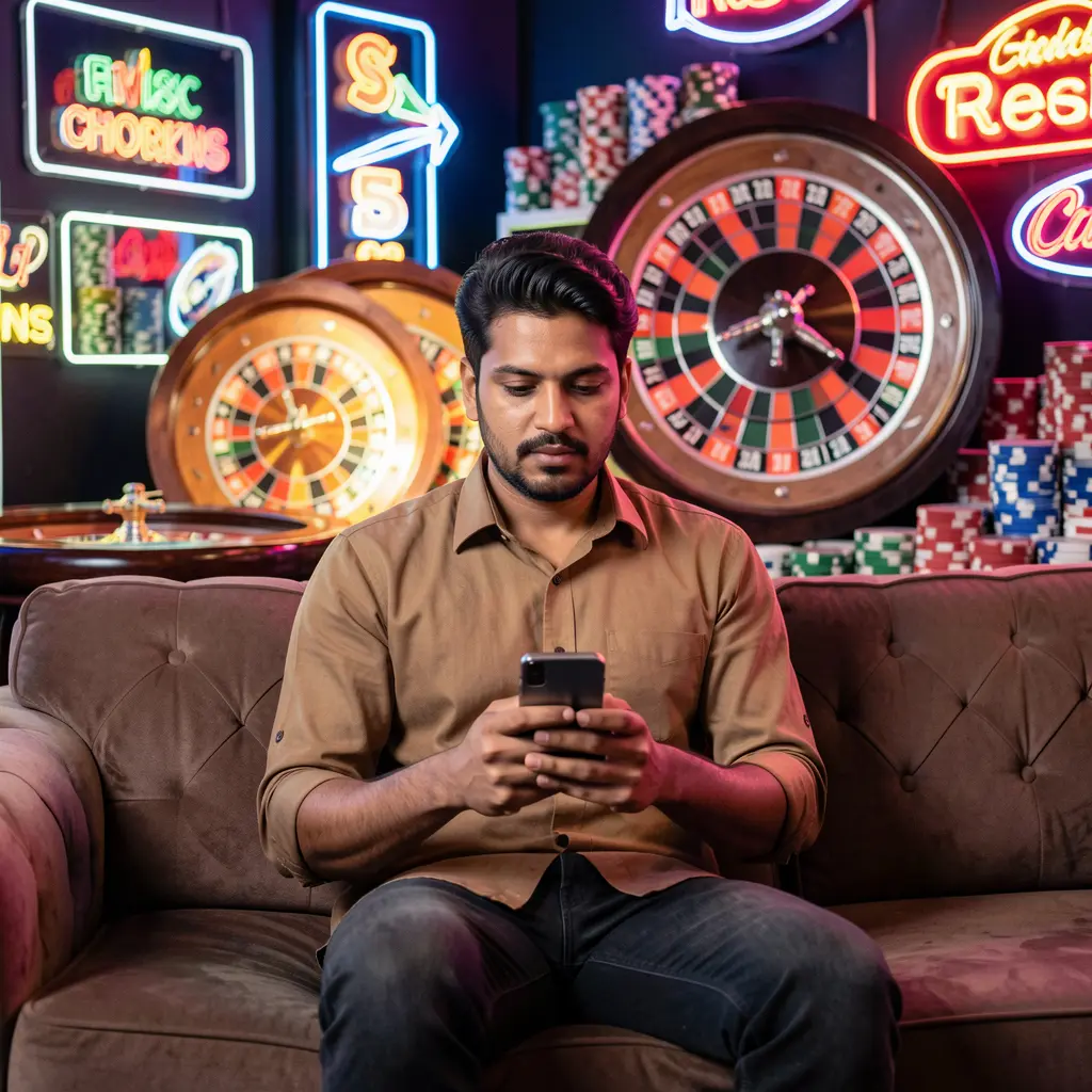 Confident Bangladeshi player relaxing on a sofa while using the 558H casino app surrounded by glowing roulette wheels chips and neon lights