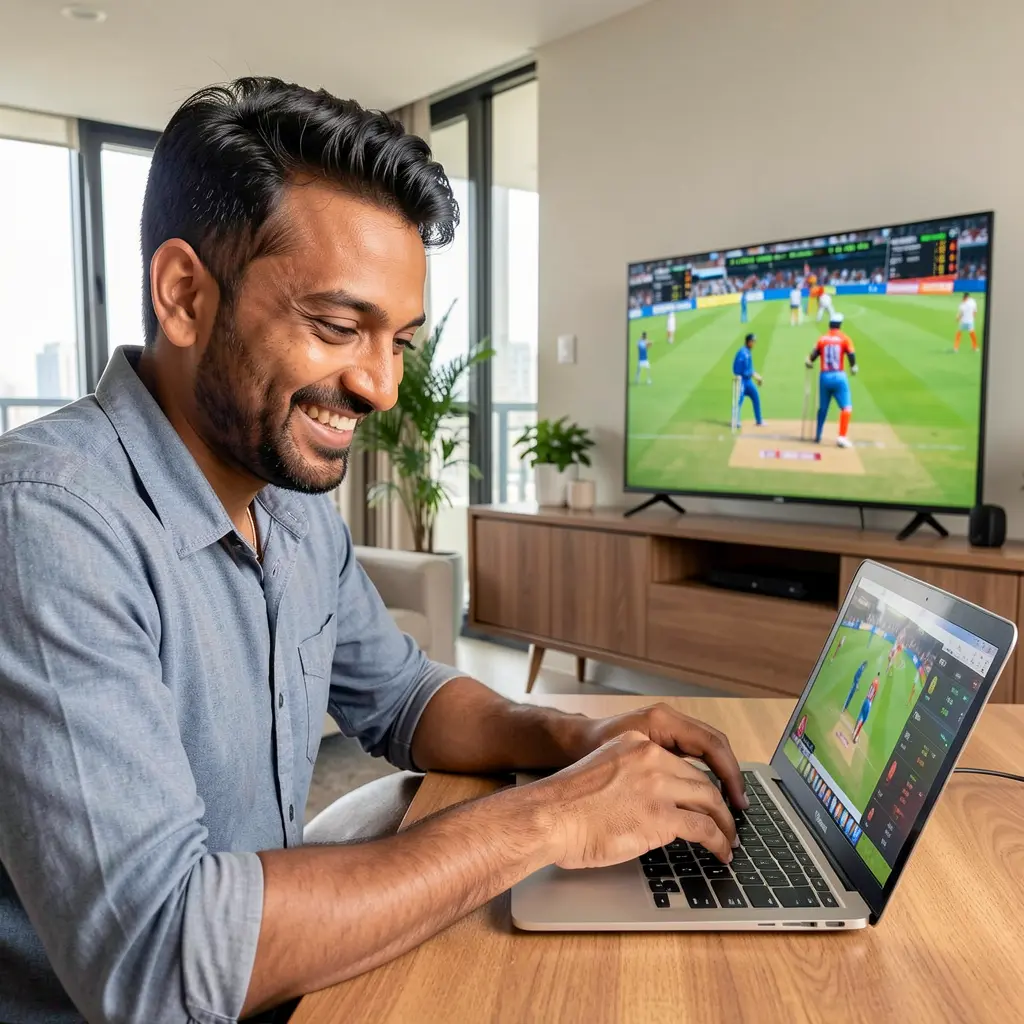 Happy sports bettor using the 558H platform on a laptop while watching a live cricket match on TV in a modern home in Bangladesh