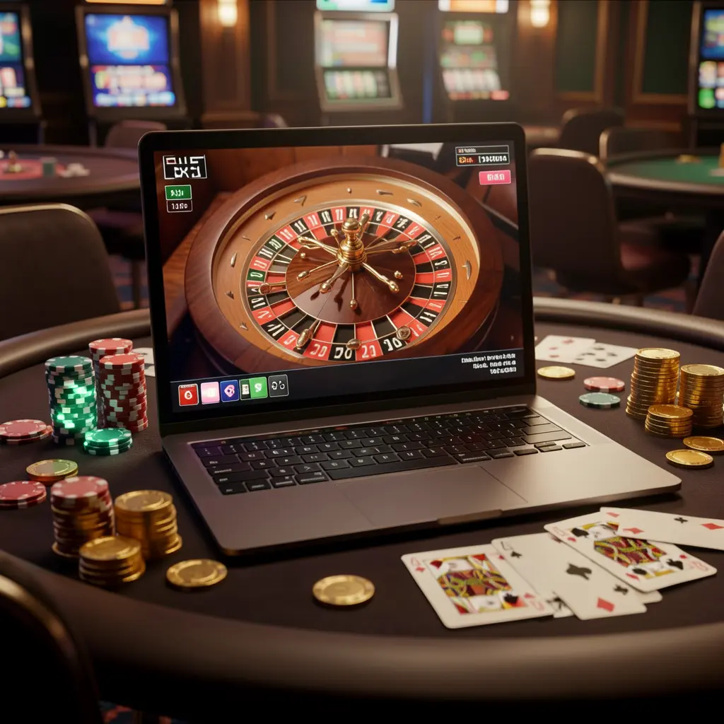 Close-up view of an online roulette wheel on a laptop surrounded by casino chips and playing cards showcasing the immersive gaming atmosphere of 558H casino