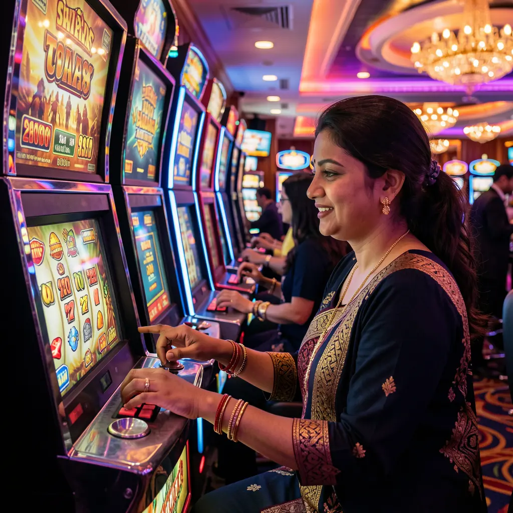 A focused Bangladeshi woman playing a modern slot machine in a vibrant casino setting with colorful lights and an immersive gaming atmosphere at 558H